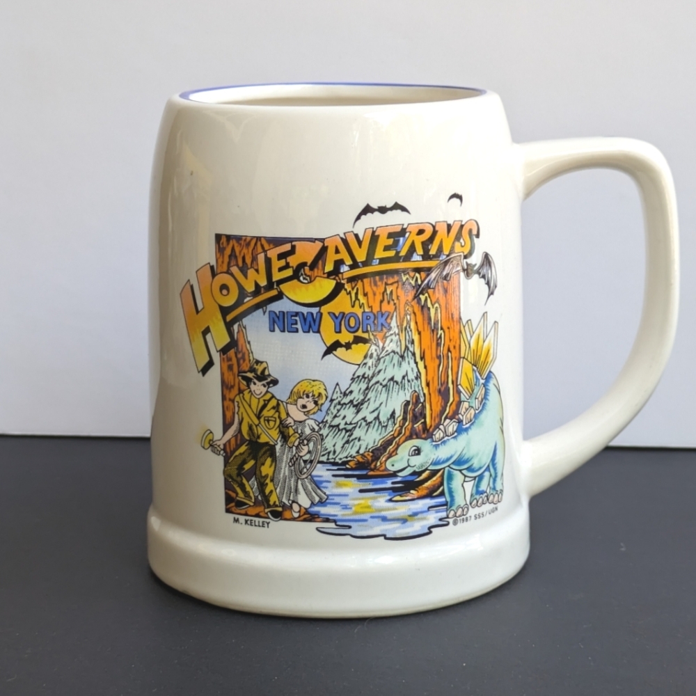 Vintage Beer Mug Howe Caverns New York White Ceramic 1980's Souvenir Dinosaur